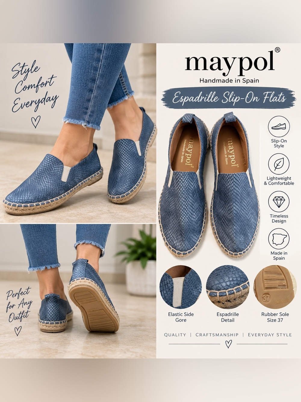 Maypol Women’s Espadrille Slip On Flats Blue Textured Made in Spain EU 37 US 7